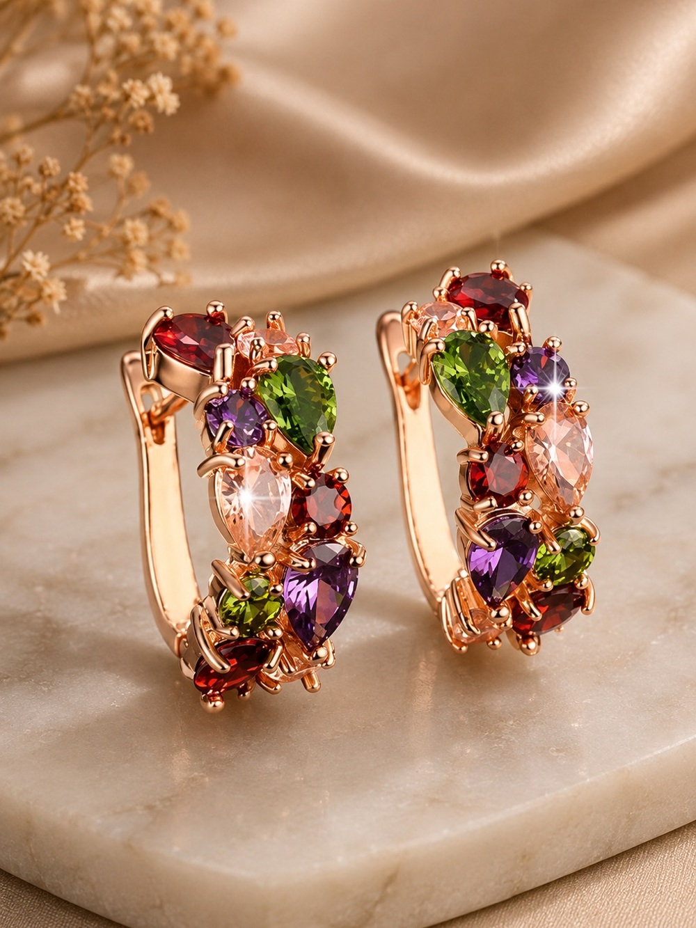 Rose Gold Multicolor Crystal Statement Huggie Hoop Earrings